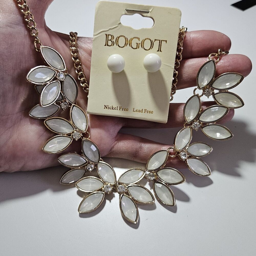 Bogot Gold Tone With White Statement Necklace And Matching Earrings
